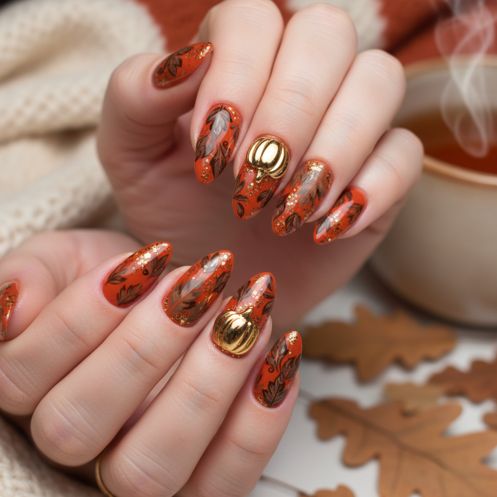 Orange Brown Leaves Gold Pumpkin Autumn Nails