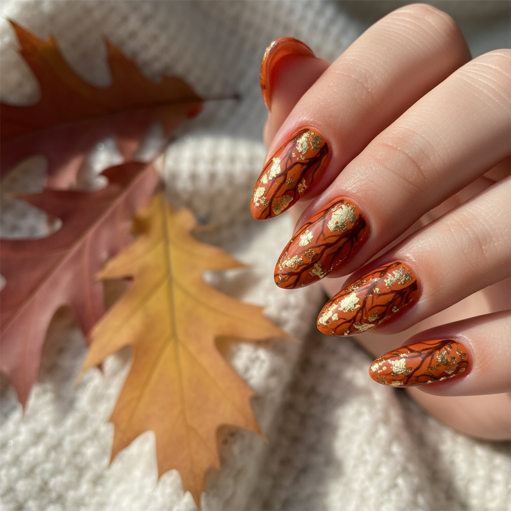 Fall Orange Brown Tree Bark Gold Autumn Nails