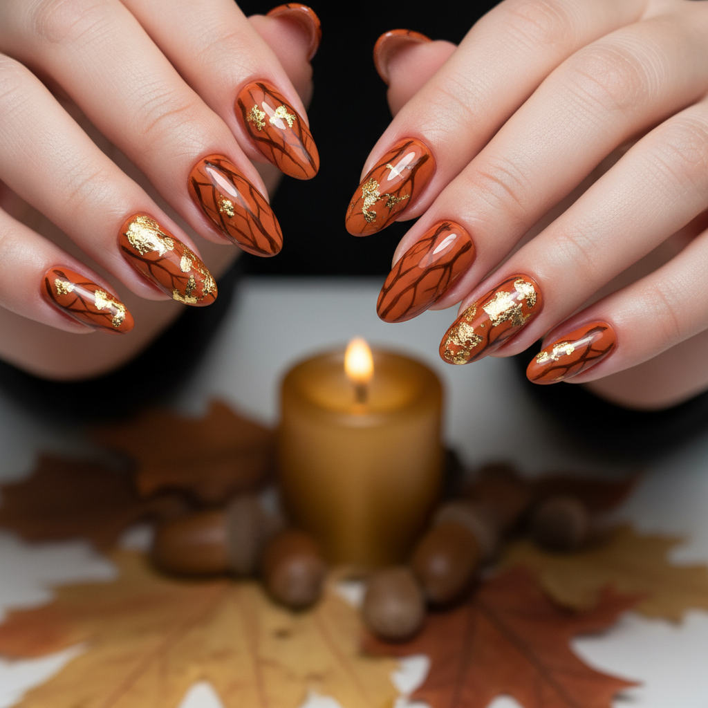 Fall Orange Brown Tree Bark Gold Autumn Nails