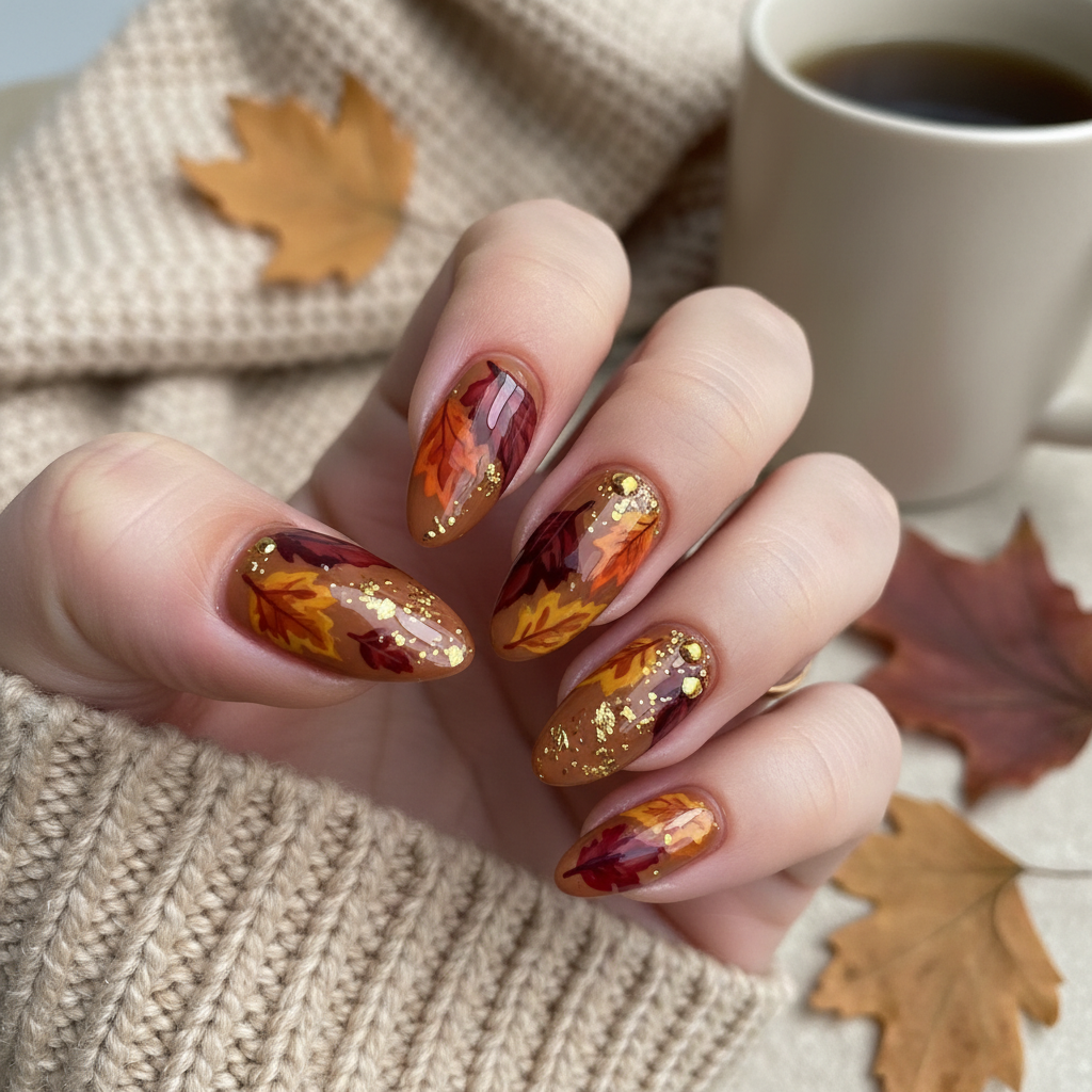 Fall Warm Brown Red Yellow Leaves Autumn Nails