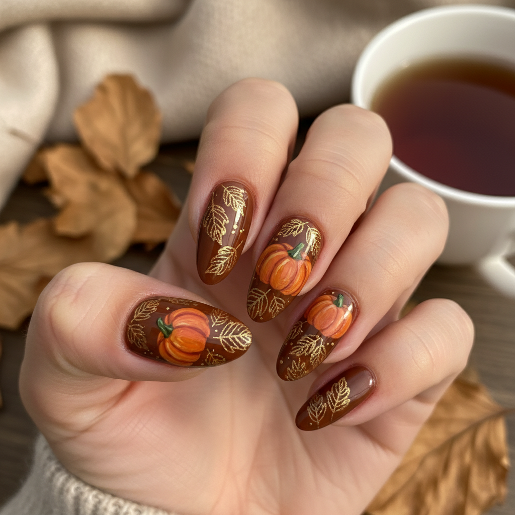 Brown Orange Pumpkins Gold Autumn Leaves Autumn Nails