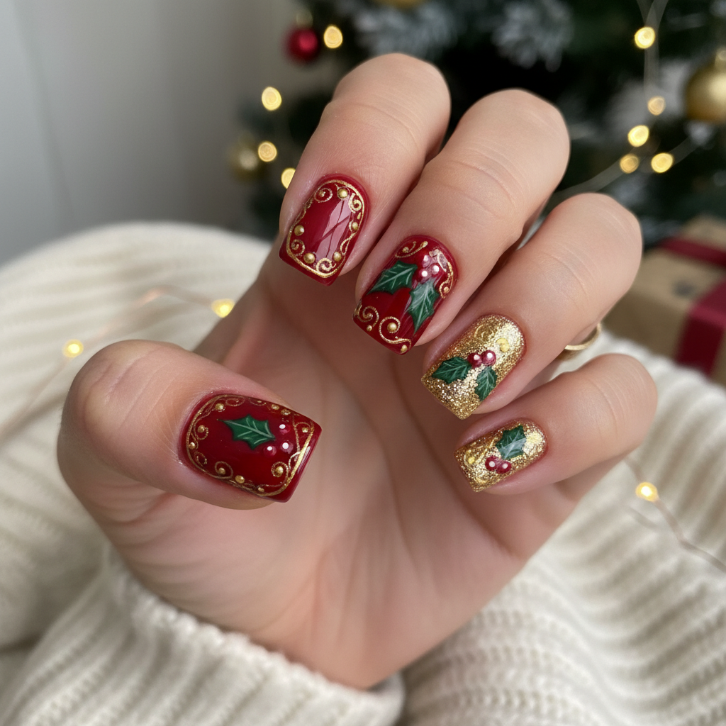 Short Square Festive Red Green Christmas Christmas Nails