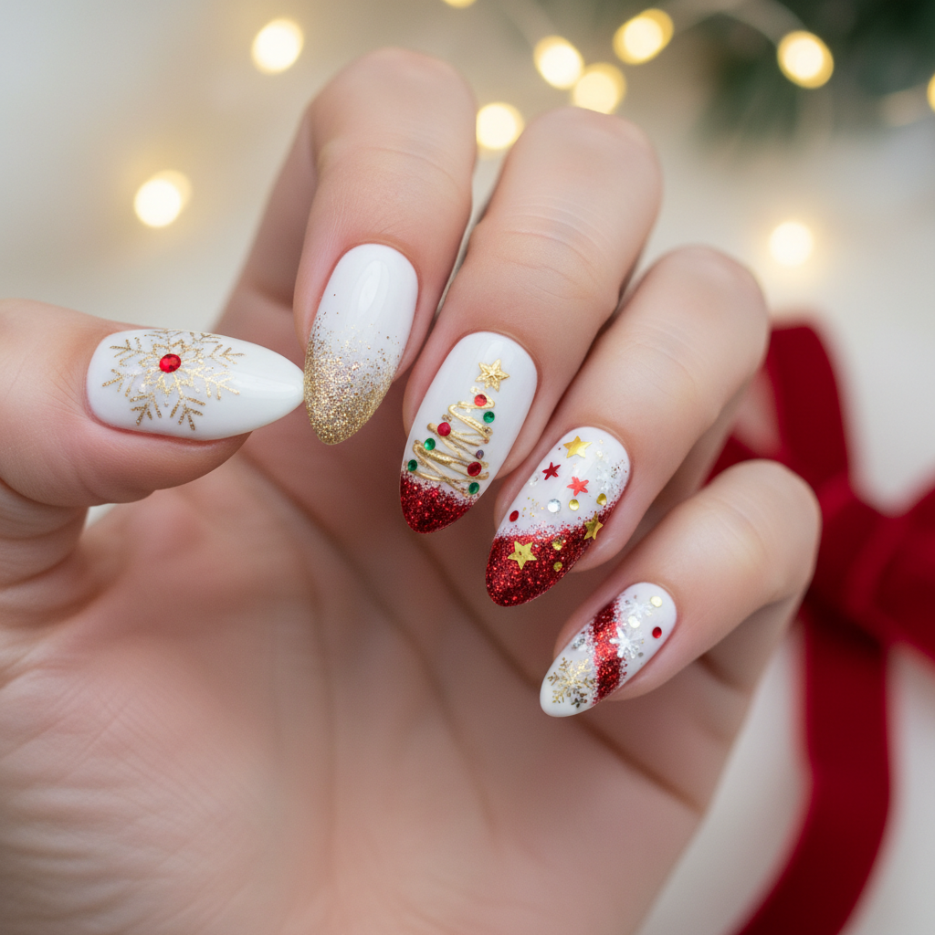 Red Gold Glitter Snowflake Christmas Tree Christmas Nails