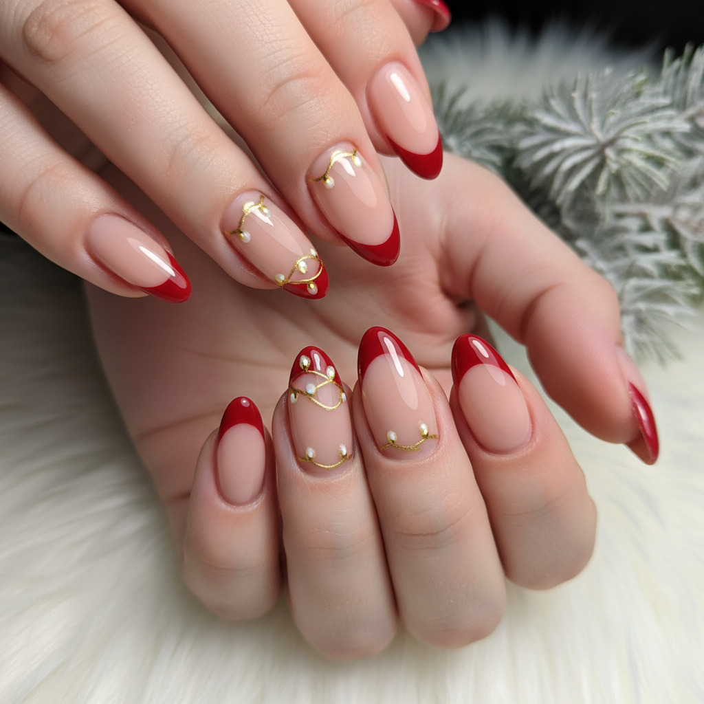 French Christmas Nude Red Gold Lights Christmas Nails