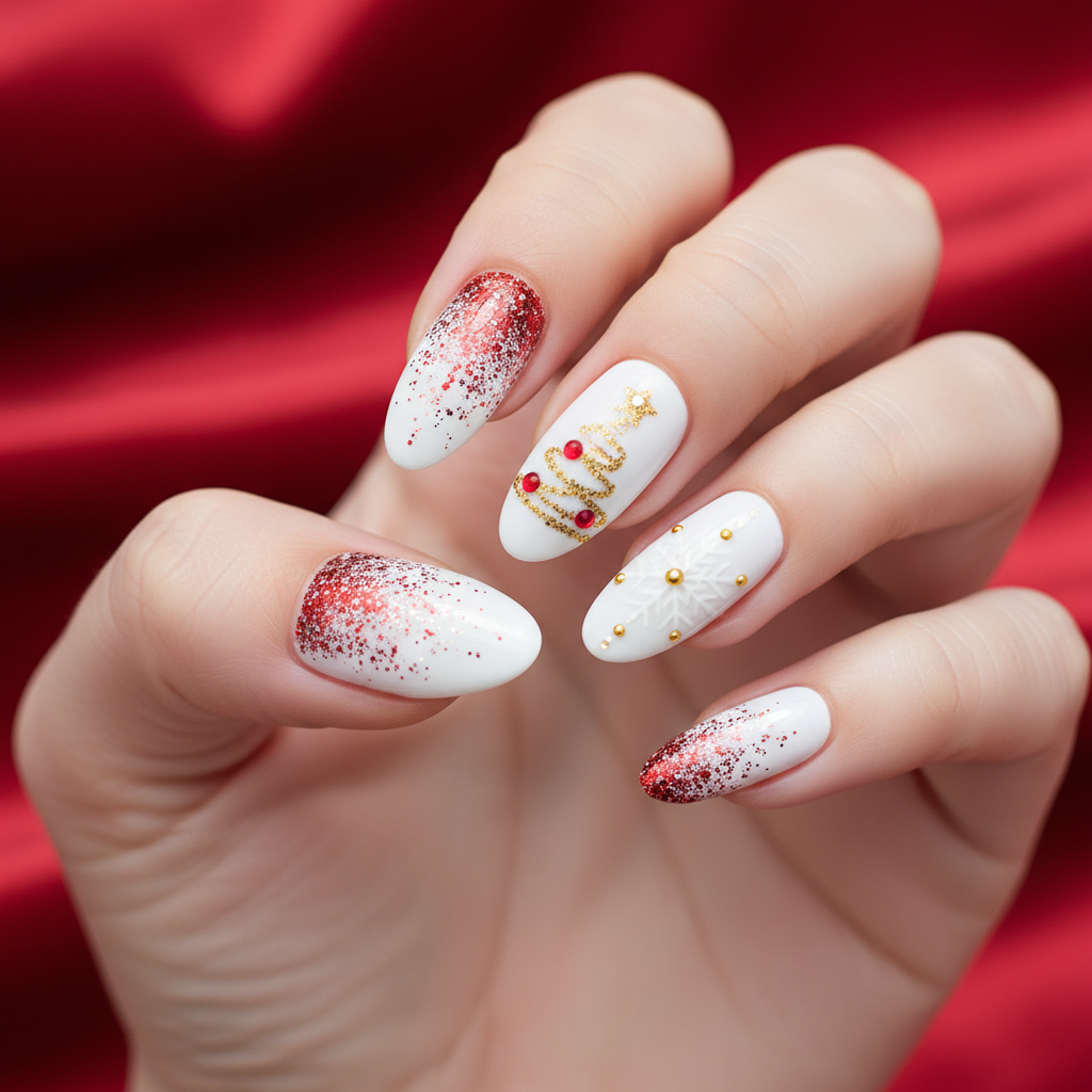 Red Gold Glitter Snowflake Christmas Tree Christmas Nails Christmas nail art