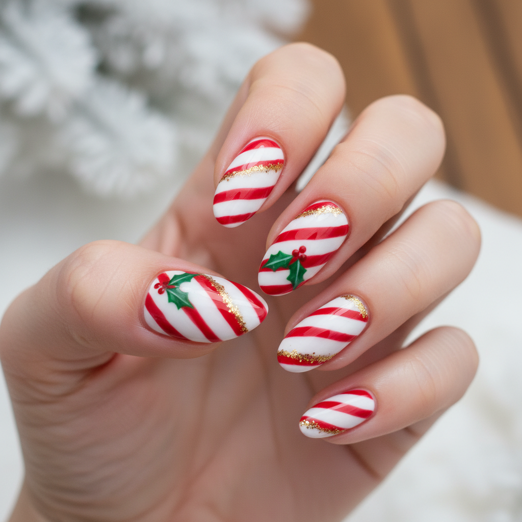 Red White Candy Cane Striped Green Christmas Nails Christmas nail art