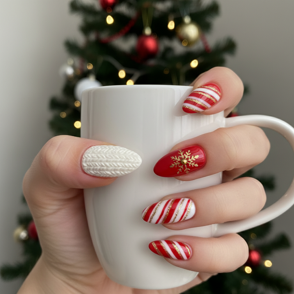 Cable Knit Red White Stripes Gold Christmas Nails Christmas nail art