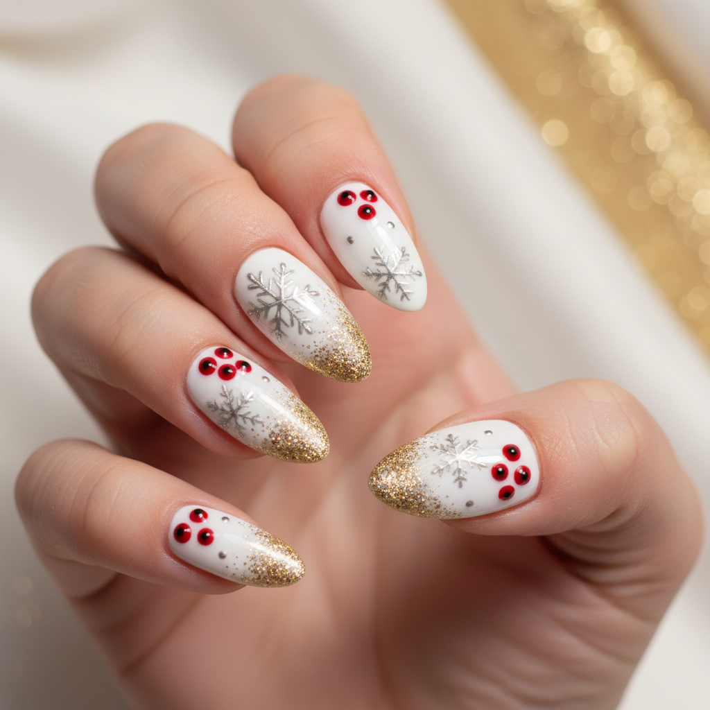 Silver Snowflakes Red Berries Gold Glitter Christmas Nails Christmas nail art