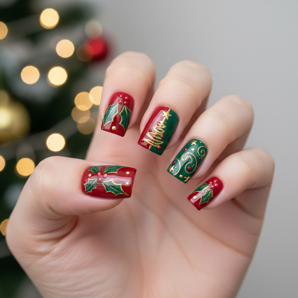 Short Square Festive Red Green Christmas Christmas Nails Christmas nail art