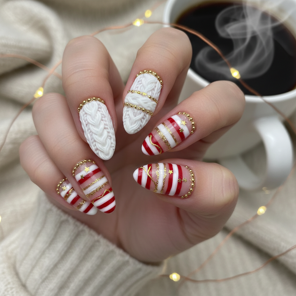 Cable Knit Red White Stripes Gold Christmas Nails Christmas nail art