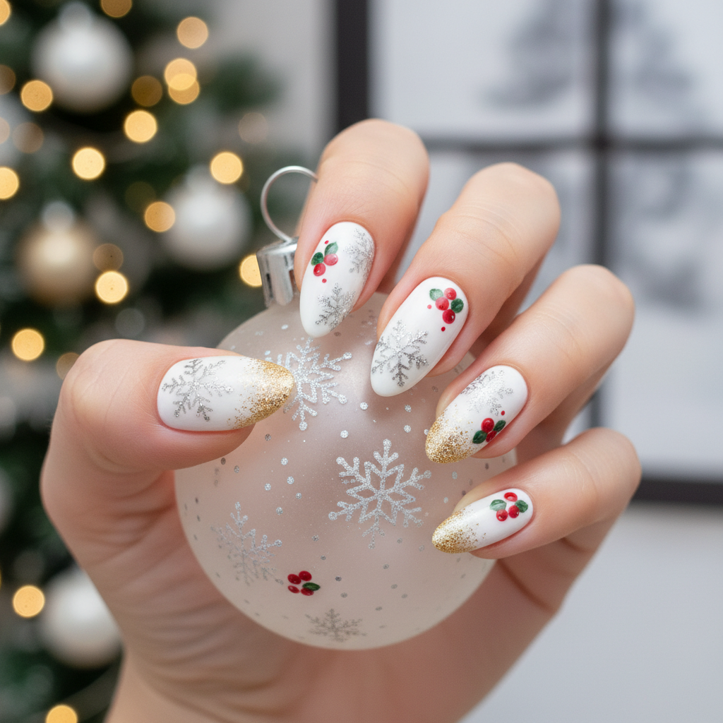 Silver Snowflakes Red Berries Gold Glitter Christmas Nails Christmas nail art