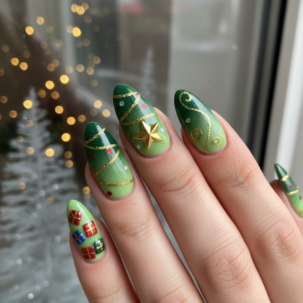 Green Gradient Gold Star Ring Finger Christmas Nails Christmas nail art
