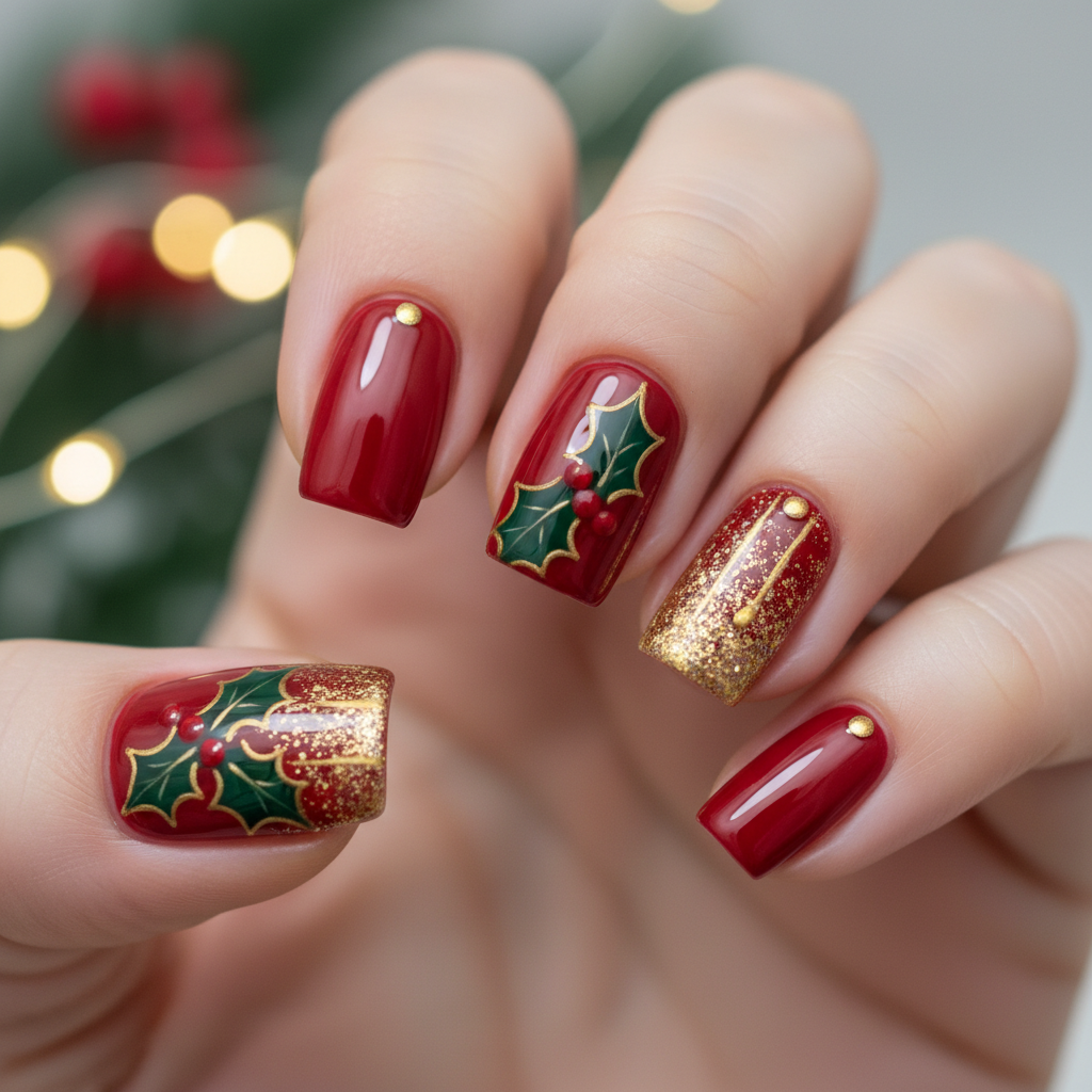 Short Square Festive Red Green Christmas Christmas Nails Christmas nail art