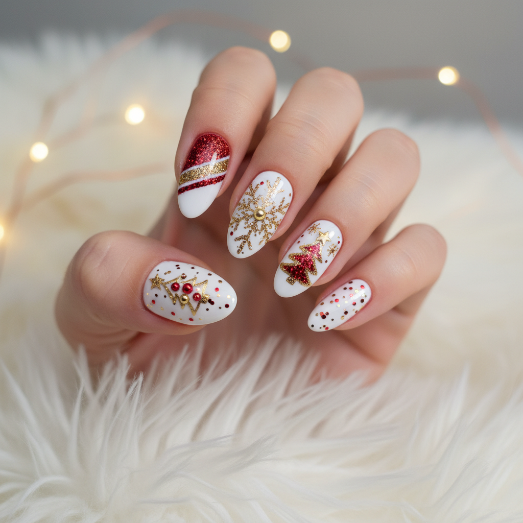 Red Gold Glitter Snowflake Christmas Tree Christmas Nails Christmas nail art