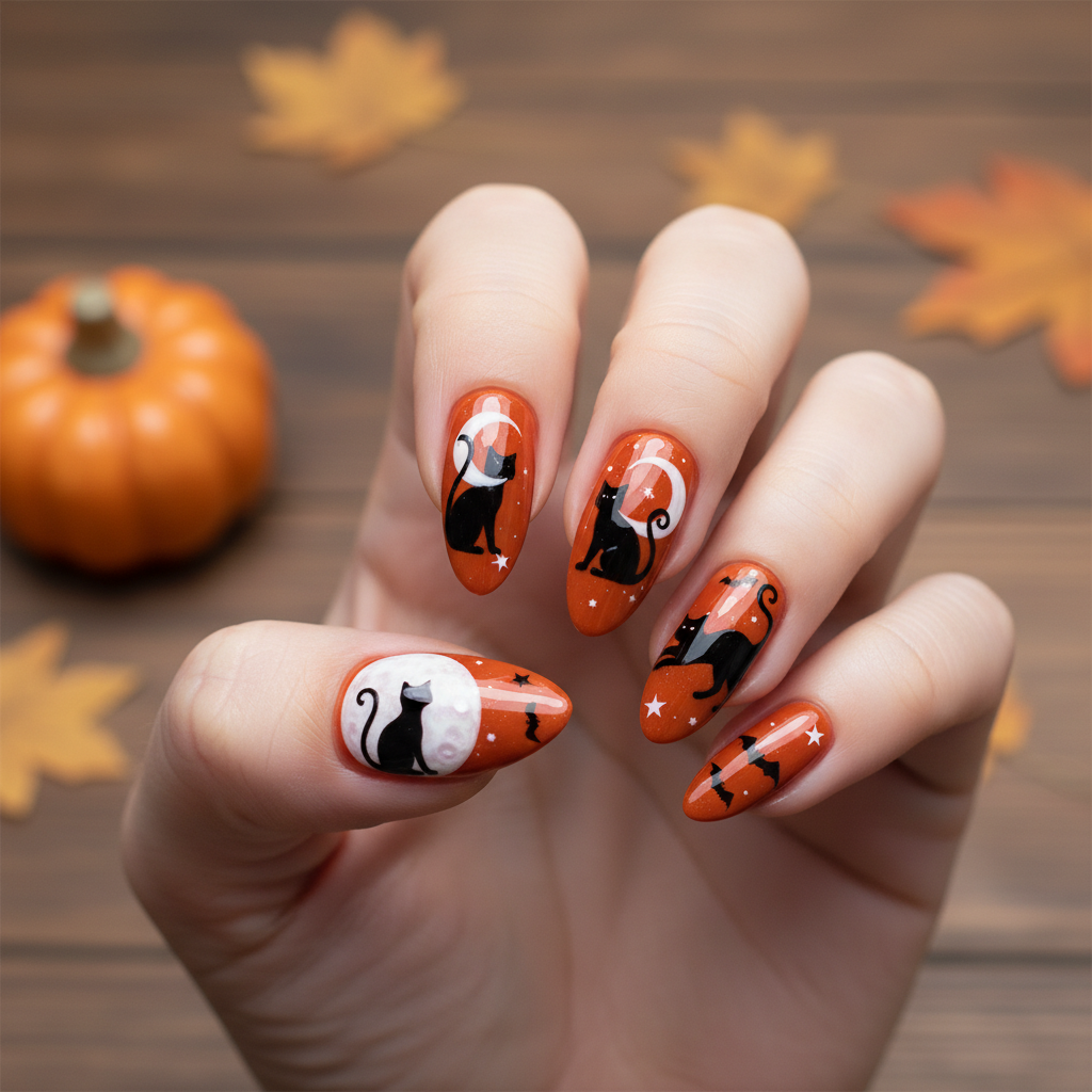 Festive Halloween Orange Black Cats White Halloween Nails