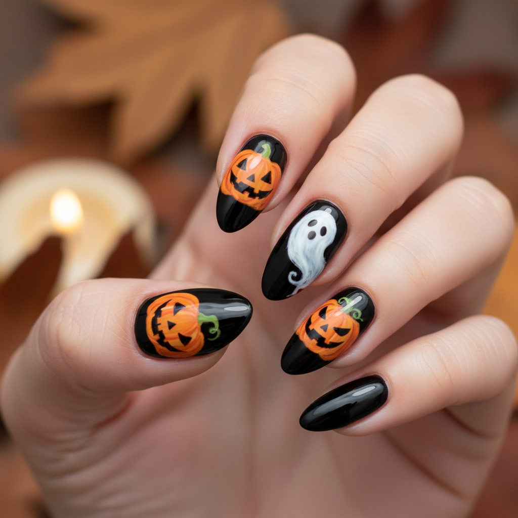 Black Orange Pumpkins White Ghost Silhouettes Halloween Nails