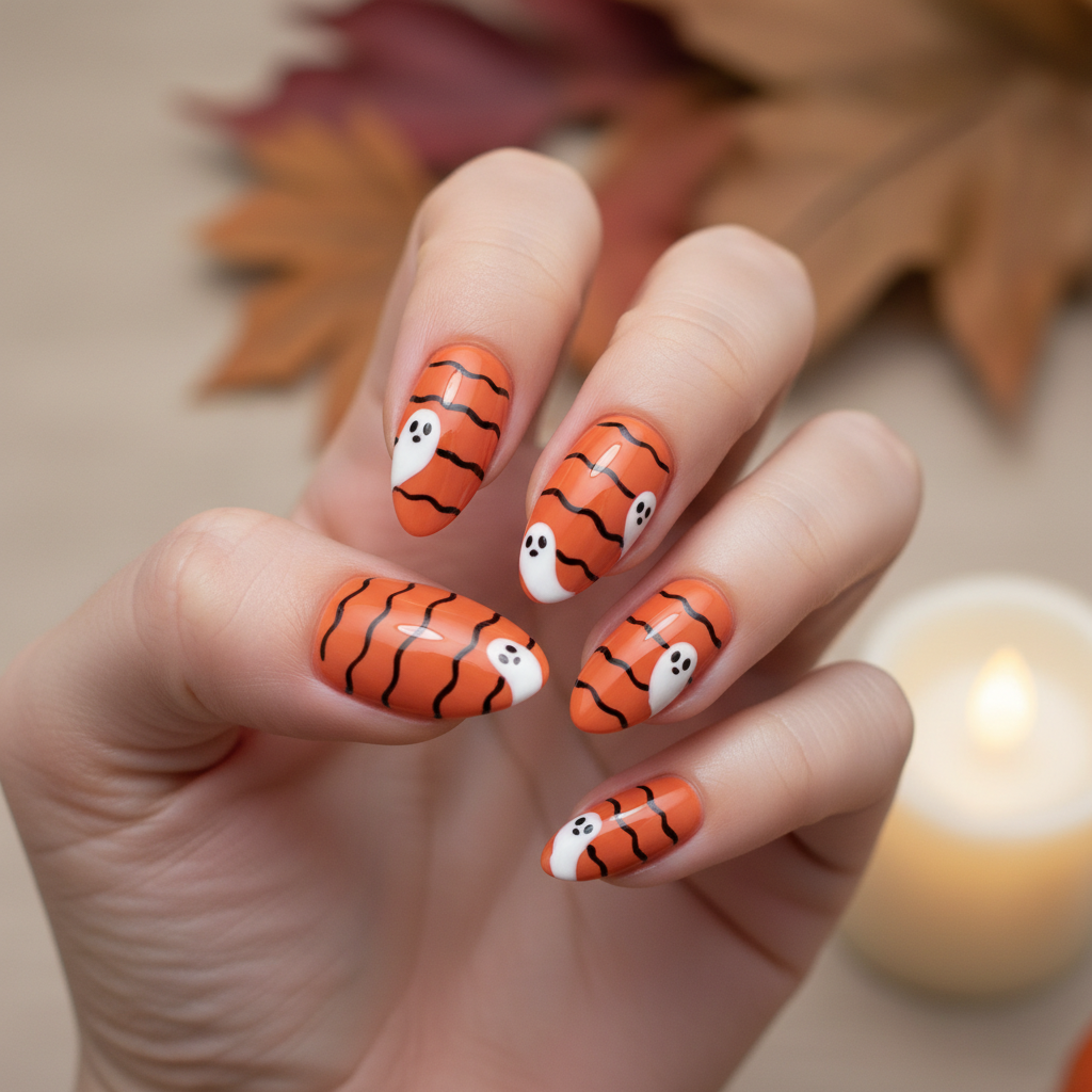Orange Black Stripes White Ghosts Halloween Nails