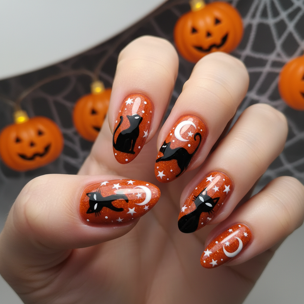 Festive Halloween Orange Black Cats White Halloween Nails