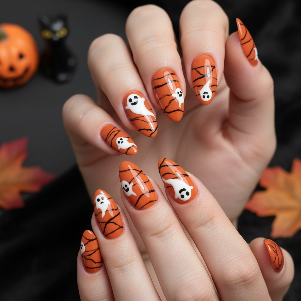 Orange Black Stripes White Ghosts Halloween Nails