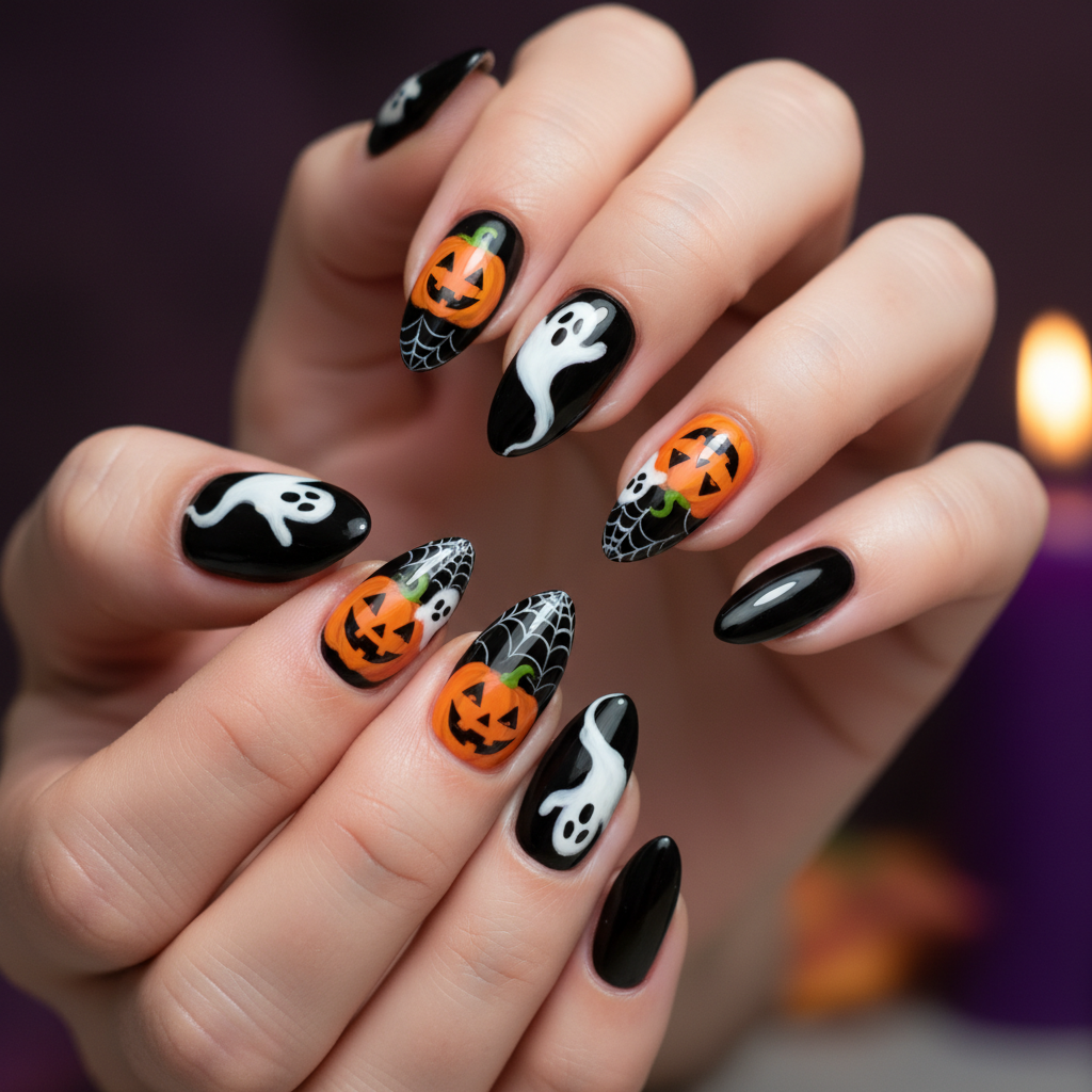 Black Orange Pumpkins White Ghost Silhouettes Halloween Nails