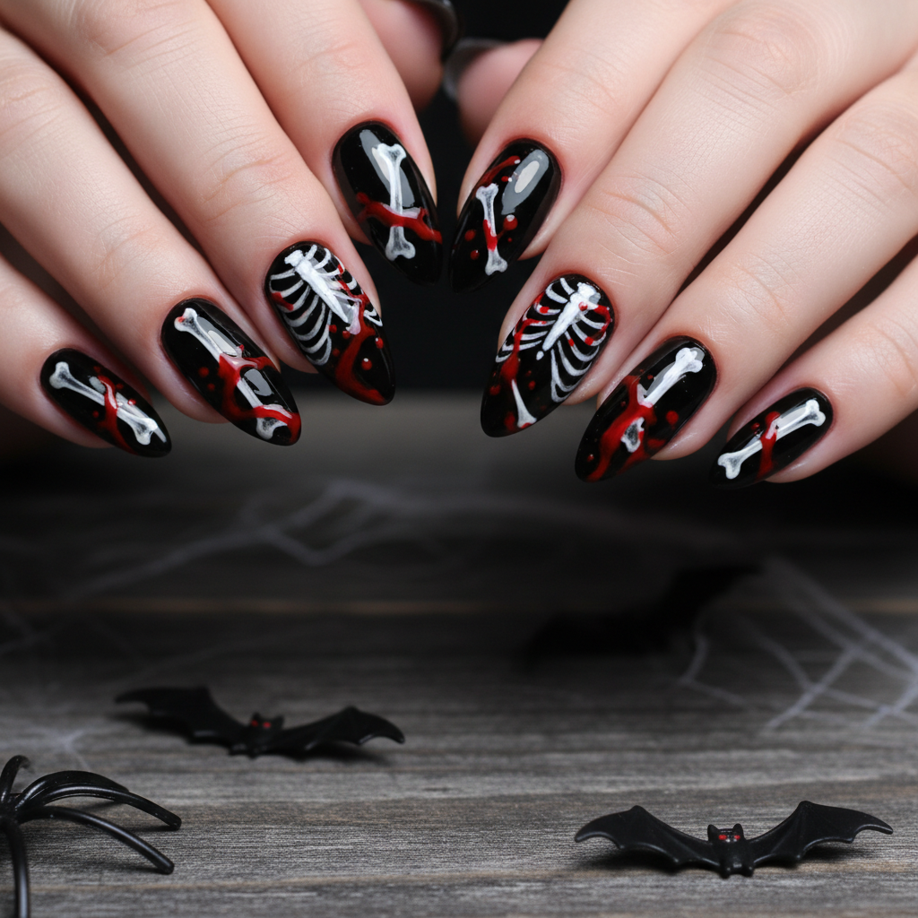 Creepy Halloween Black White Bones Red Halloween Nails