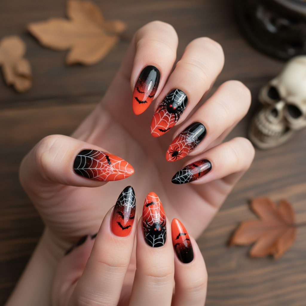 Creepy Halloween Black Orange Gradient Spider Halloween Nails