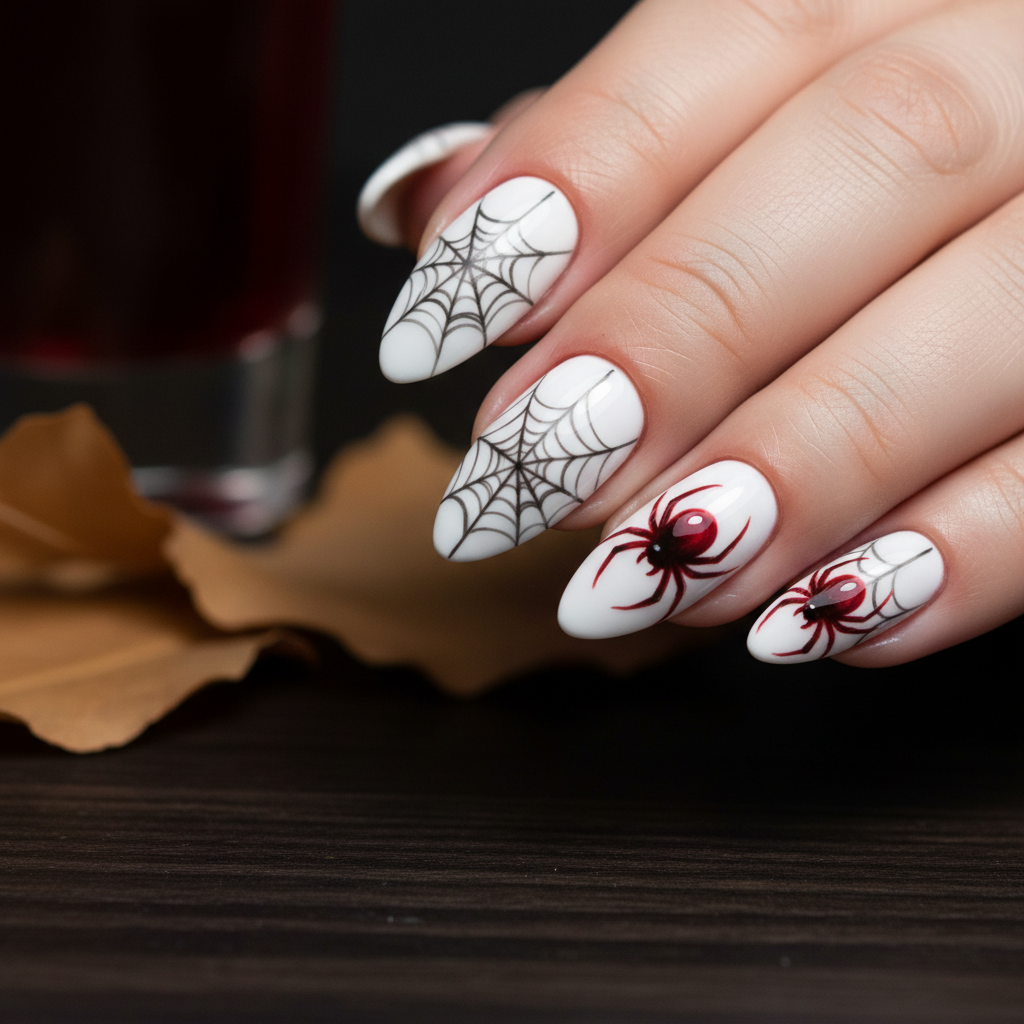 Creepy Halloween White Black Spider Webs Halloween Nails