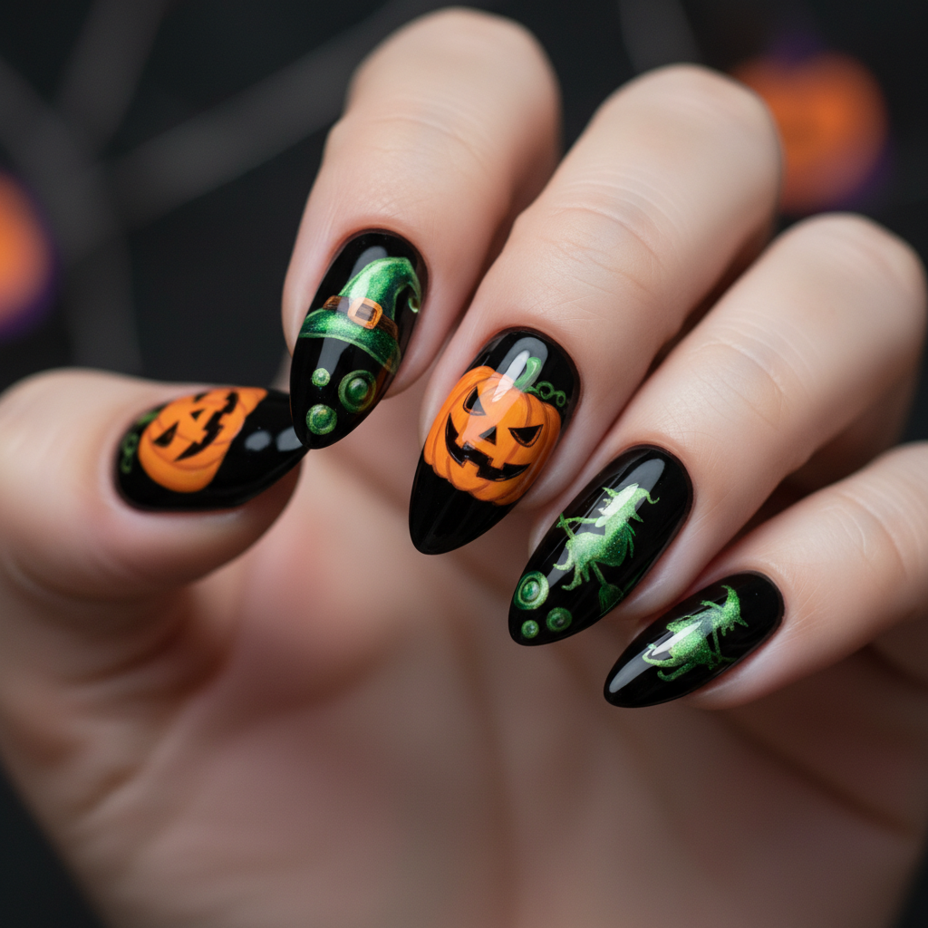 Spooky Halloween Black Orange Pumpkins Green Halloween Nails