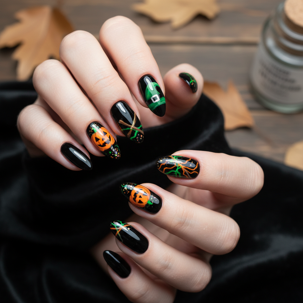 Spooky Halloween Black Orange Pumpkins Green Halloween Nails