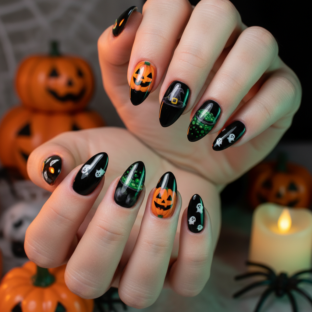 Spooky Halloween Black Orange Pumpkins Green Halloween Nails