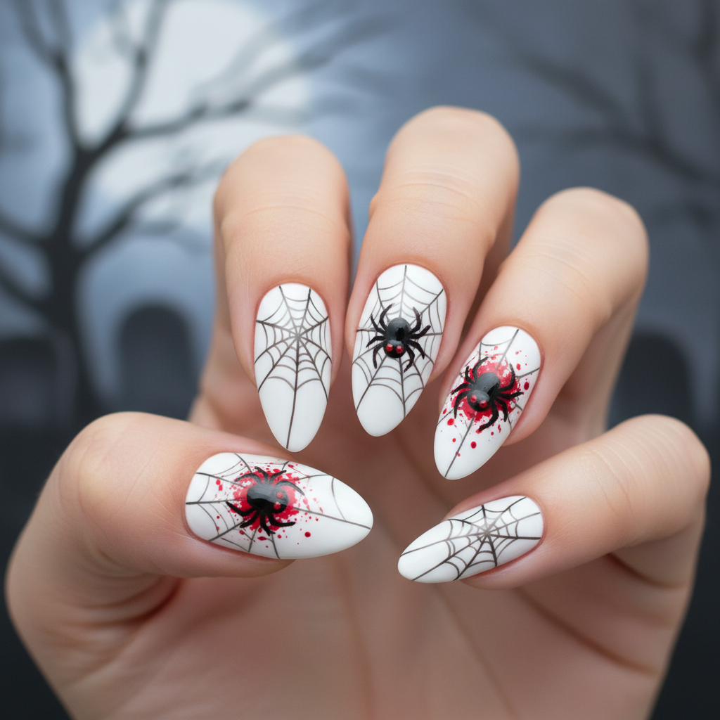 Creepy Halloween White Black Spider Webs Halloween Nails