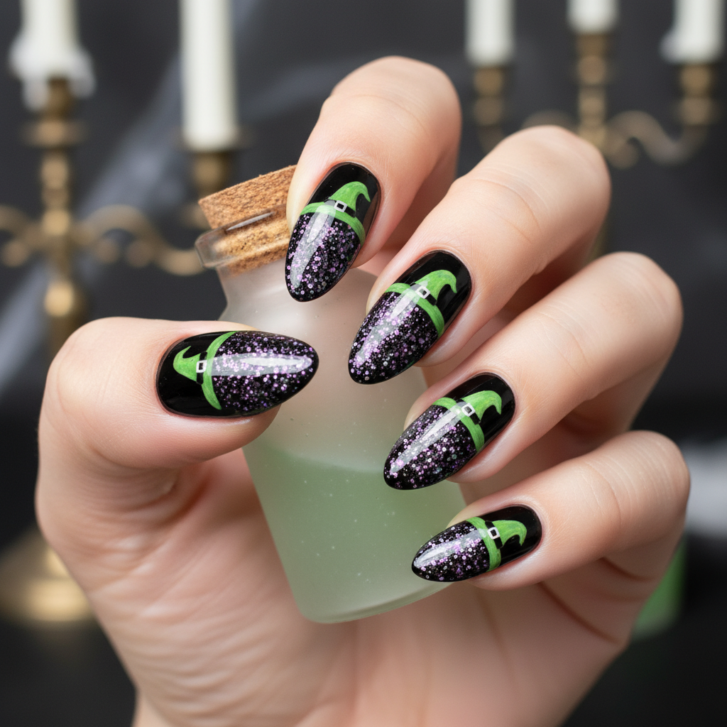 Black Green Witch Hats Purple Glitter Halloween Nails