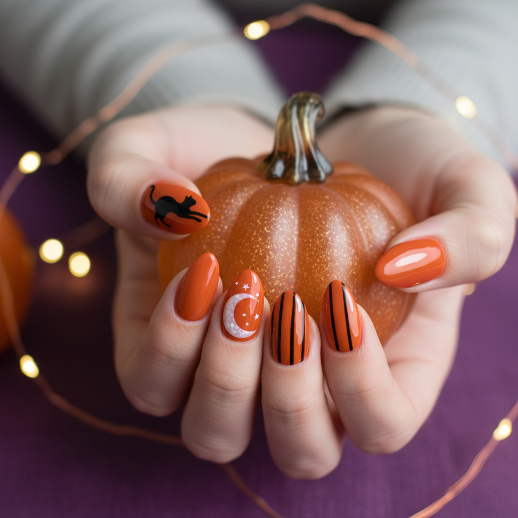 Festive Halloween Orange Black Cats White Halloween Nails
