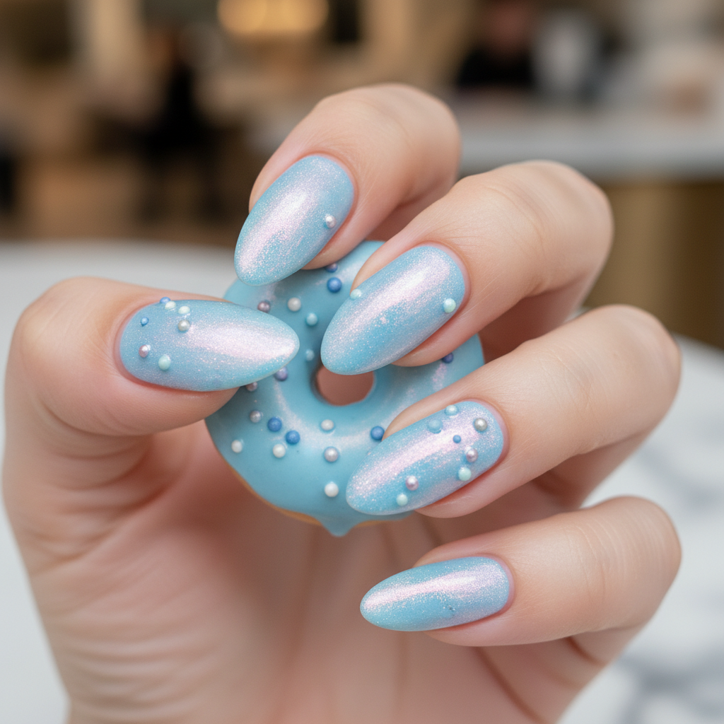 Blue Glazed Donut Glossy Blue Nails