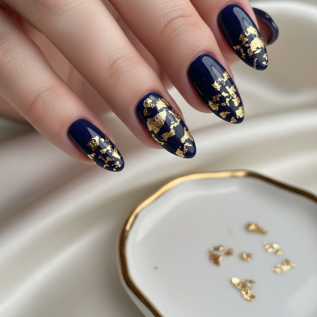 Navy Blue Gold Foil Blue Nails