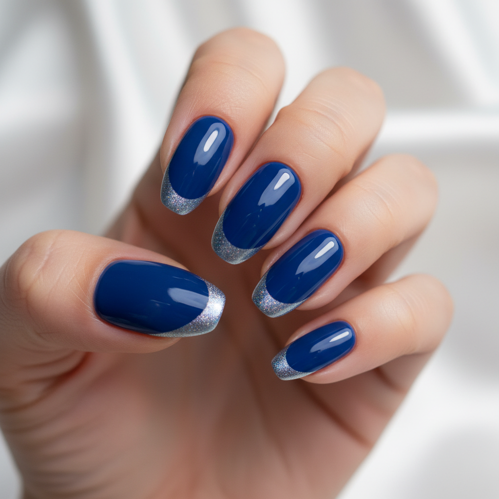 French Cobalt Blue Chrome Blue Nails