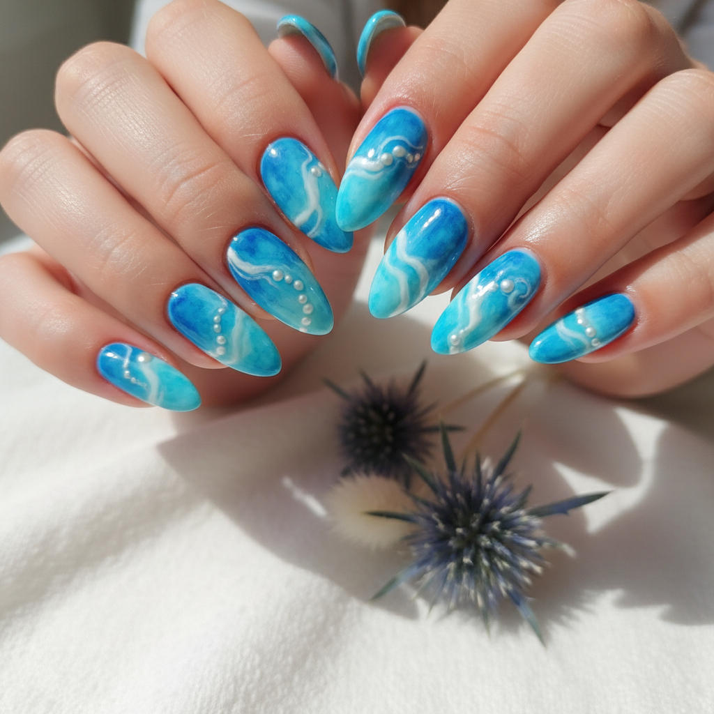 Blue Watercolor White Swirls Blue Nails