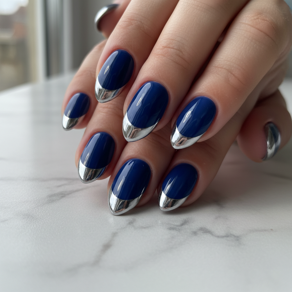 French Cobalt Blue Chrome Blue Nails