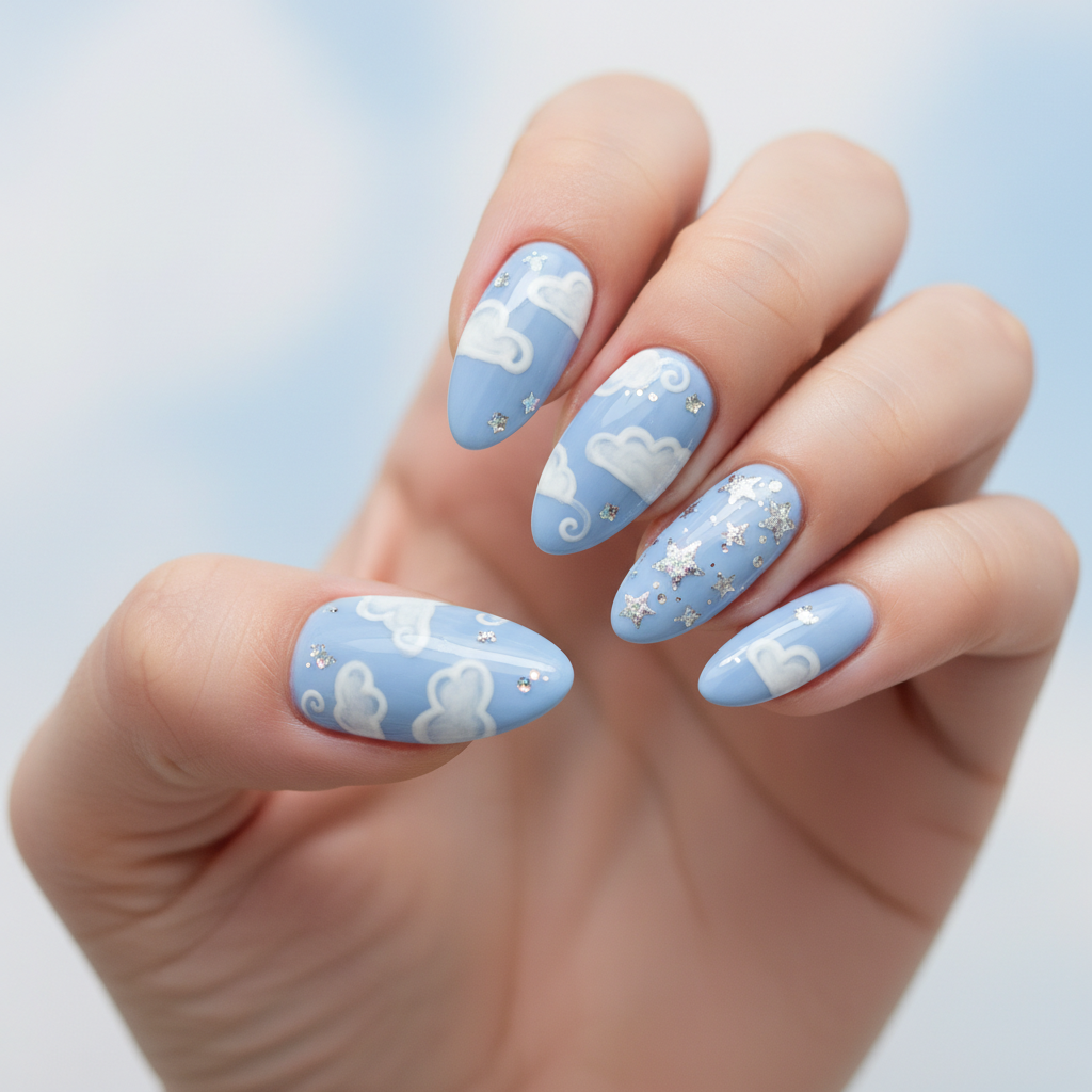 Baby Blue Cloud Silver Stars Blue Nails