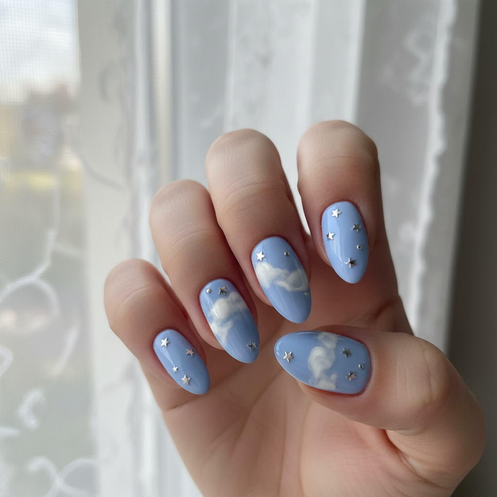 Baby Blue Cloud Silver Stars Blue Nails