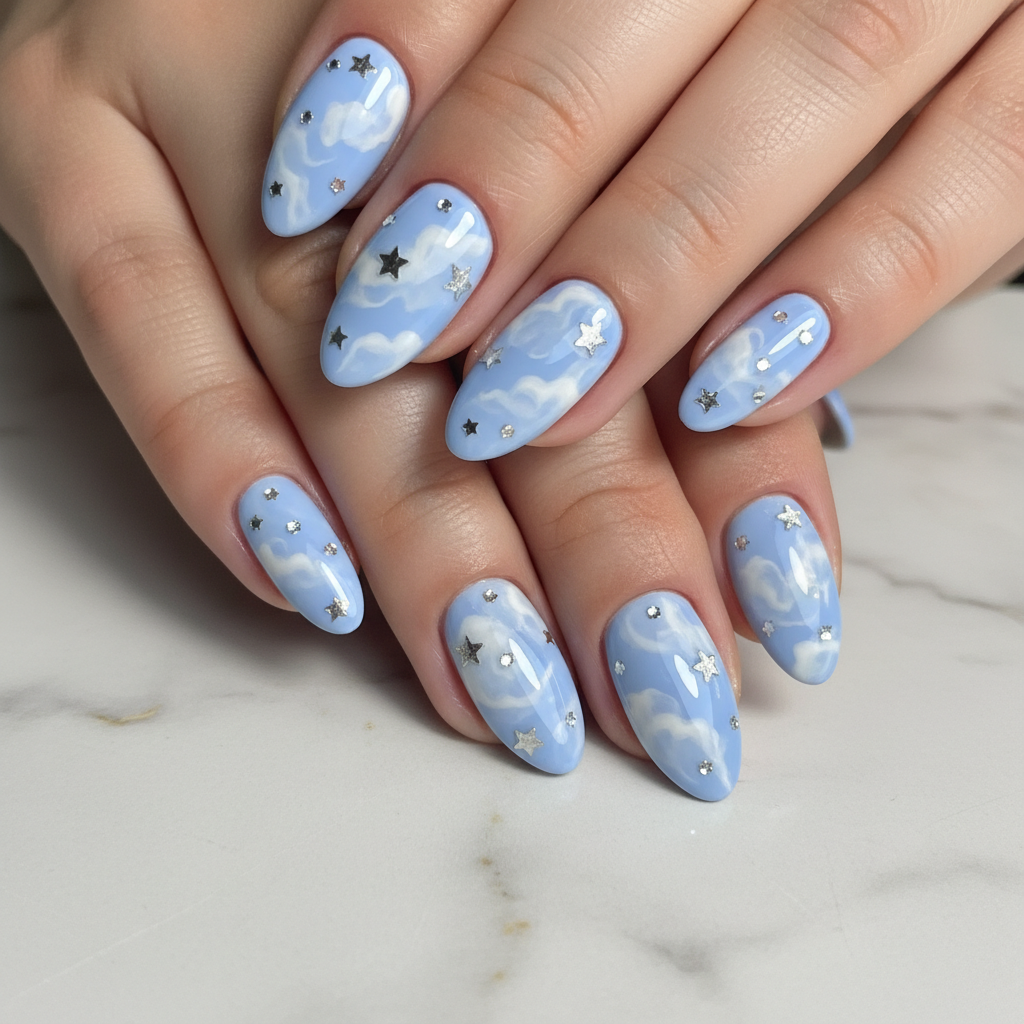 Baby Blue Cloud Silver Stars Blue Nails