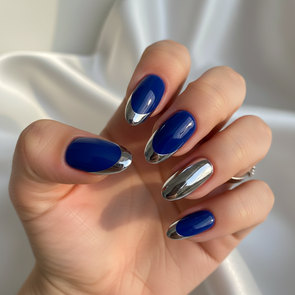 French Cobalt Blue Chrome Blue Nails
