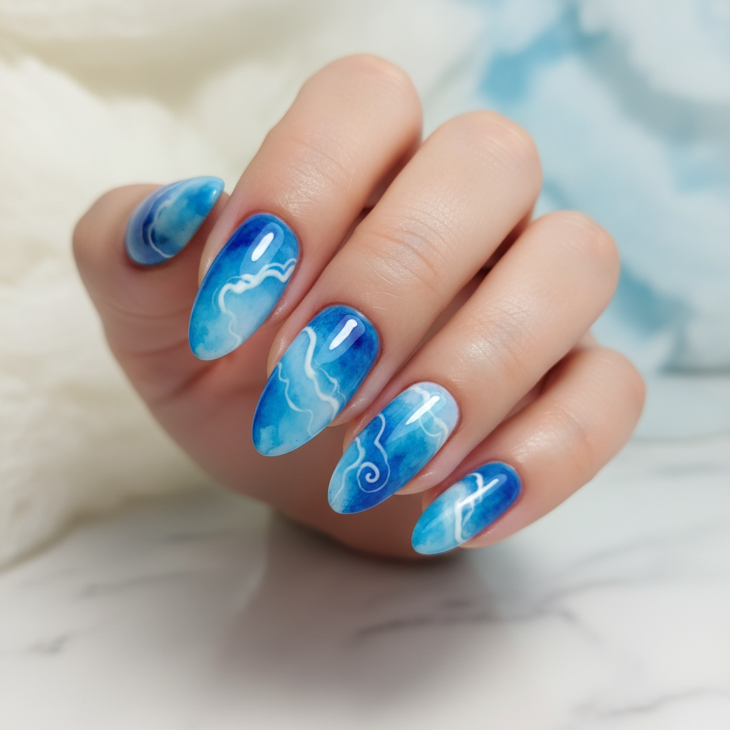 Blue Watercolor White Swirls Blue Nails