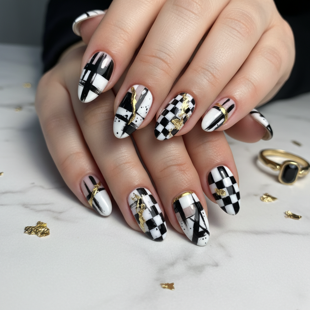 Abstract Black White Gold Abstract Nails