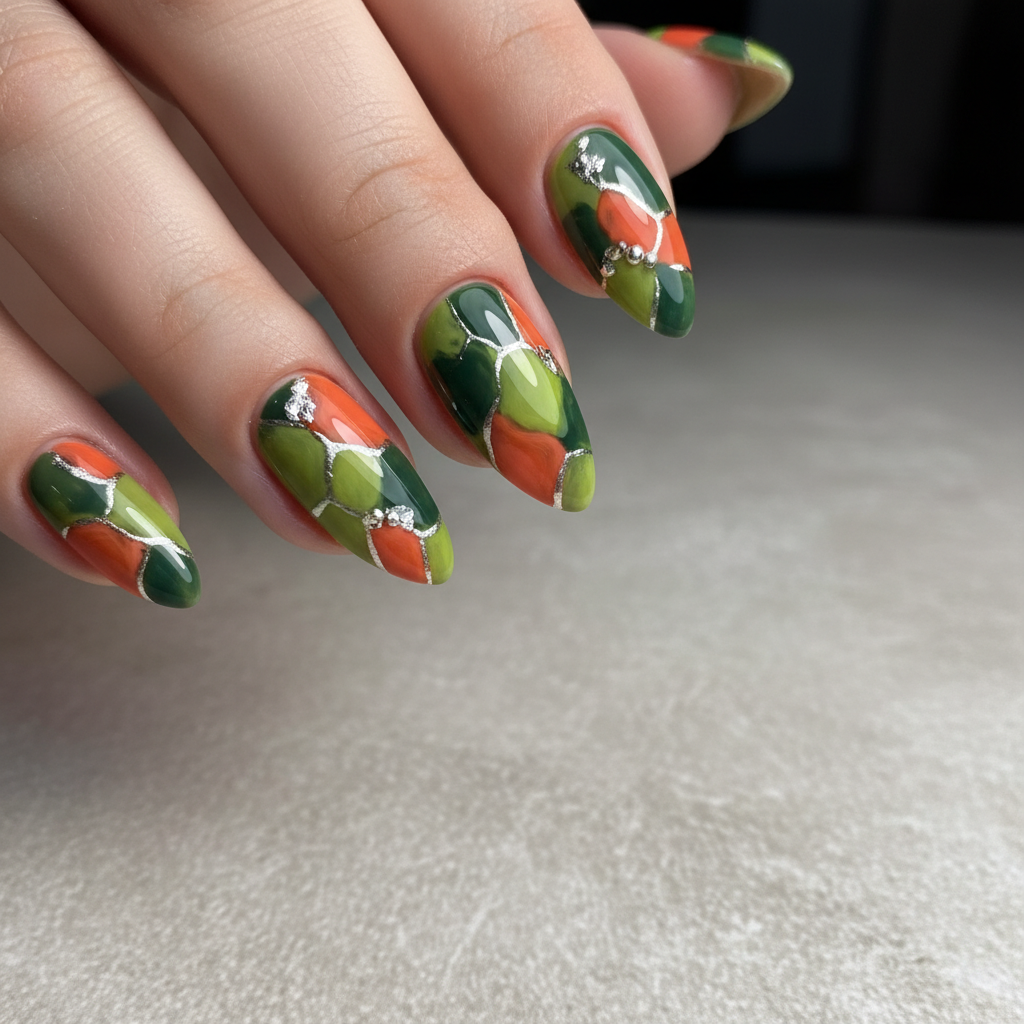 Abstract Green Orange Shapes Silver Abstract Nails