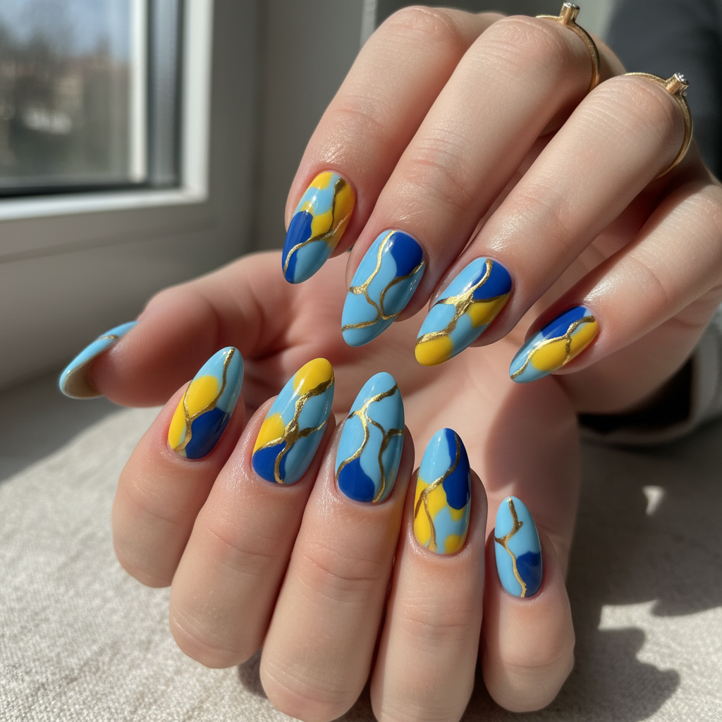 Abstract Blue Yellow Shapes Gold Abstract Nails