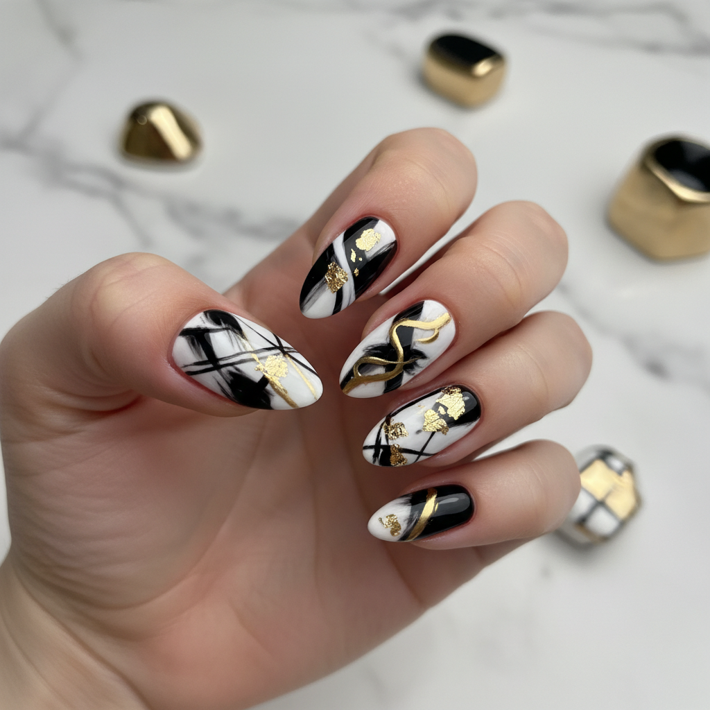 Abstract Black White Gold Abstract Nails