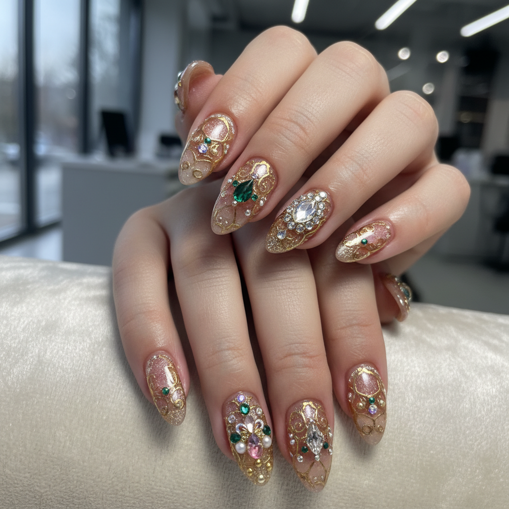 Sophisticated Photo-real Salon Embellished Nails Embellished nail art