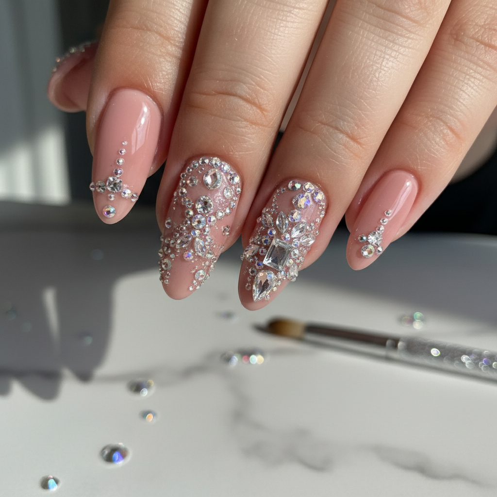 Beautiful Photo-real Salon Rhinestone Nails Rhinestone nail art