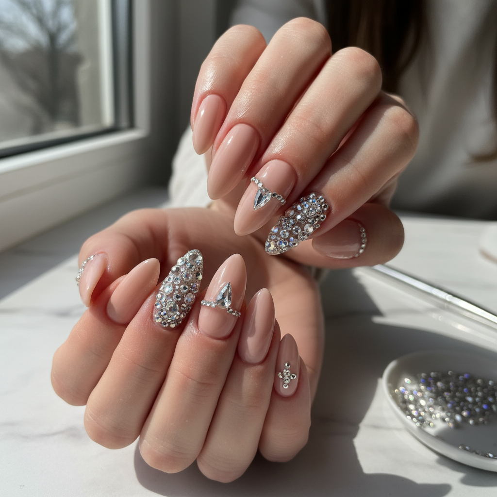 Sophisticated Photo-real Salon Rhinestone Nails Rhinestone nail art